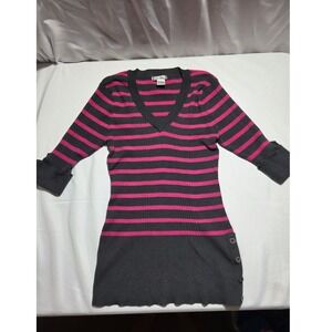Cool Attitude Black Pink Striped Ribbed V-Neck Tunic Sweater 2X 3/4 Sleeve